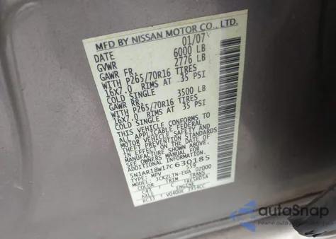 2007 Nissan Pathfinder Se z USA, uszkodzony, nr VIN 5N1AR18W17C630185